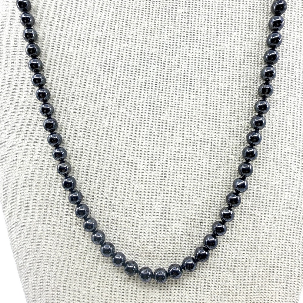 Vintage Hematite Tone Bead Necklace Single Strand Dark Gray Minimalist Retro 90s
